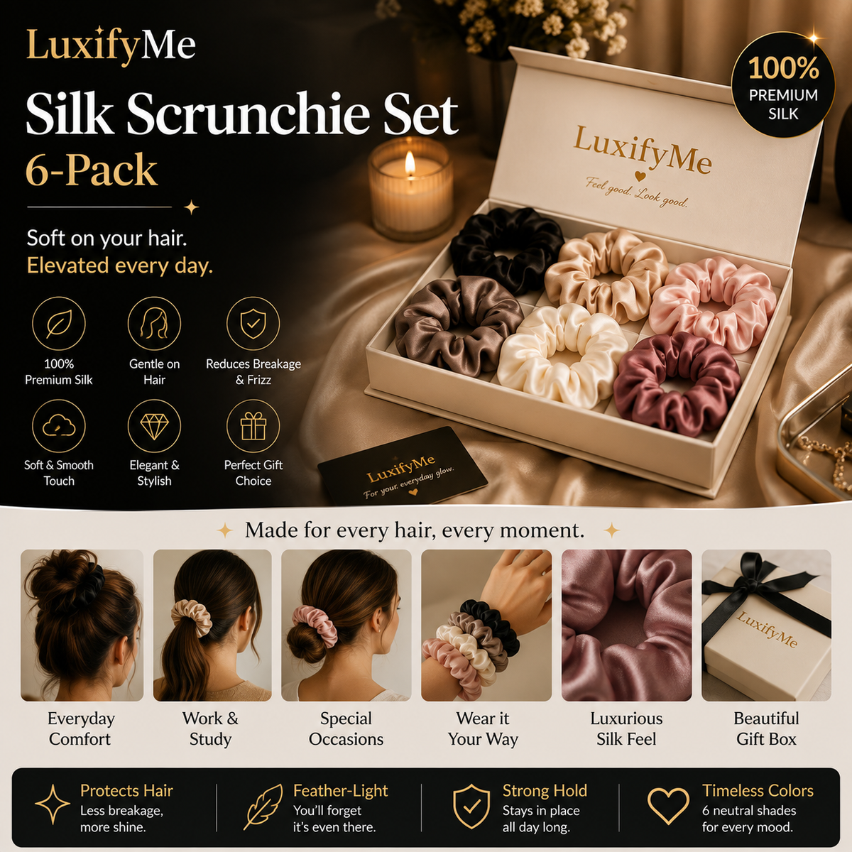 LuxifyUs Silk Scrunchie Set (6-Pack)