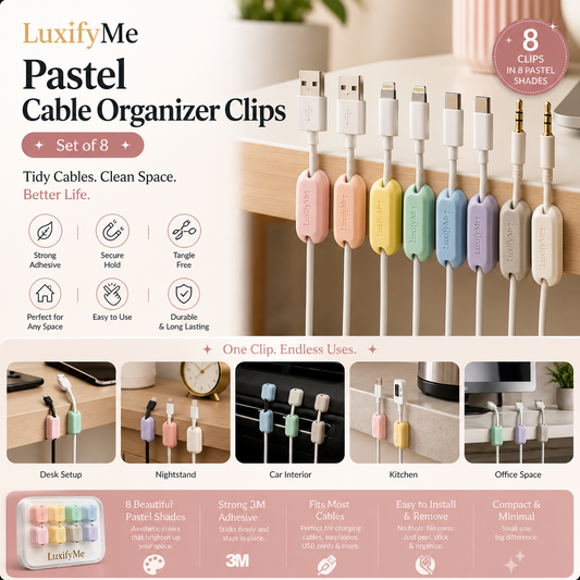 LuxifyUs Pastel Cable Organizer Clips (Set of 8)