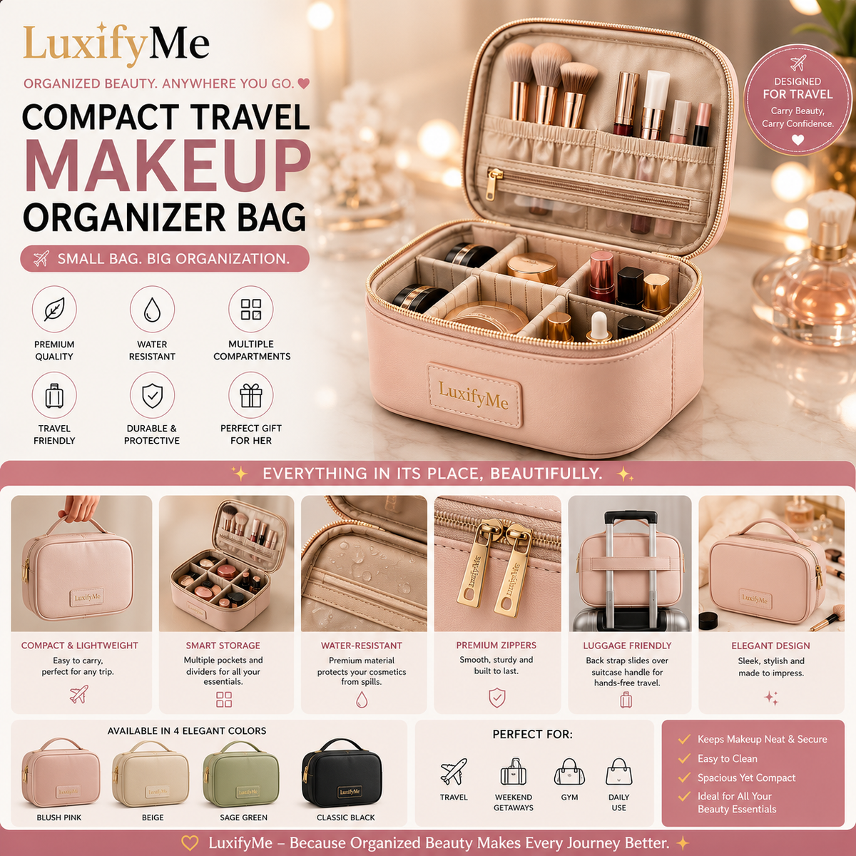 LuxifyUs Compact Travel Makeup Organizer Bag